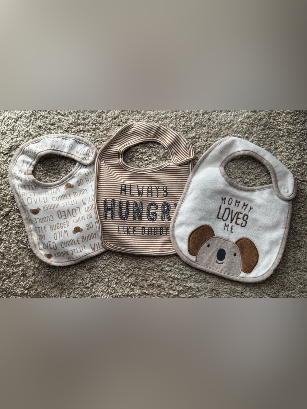 Carter’s Child of Mine Baby Bib Set Brown Neutral Puppy Daddy Mommy 3 Pack OS